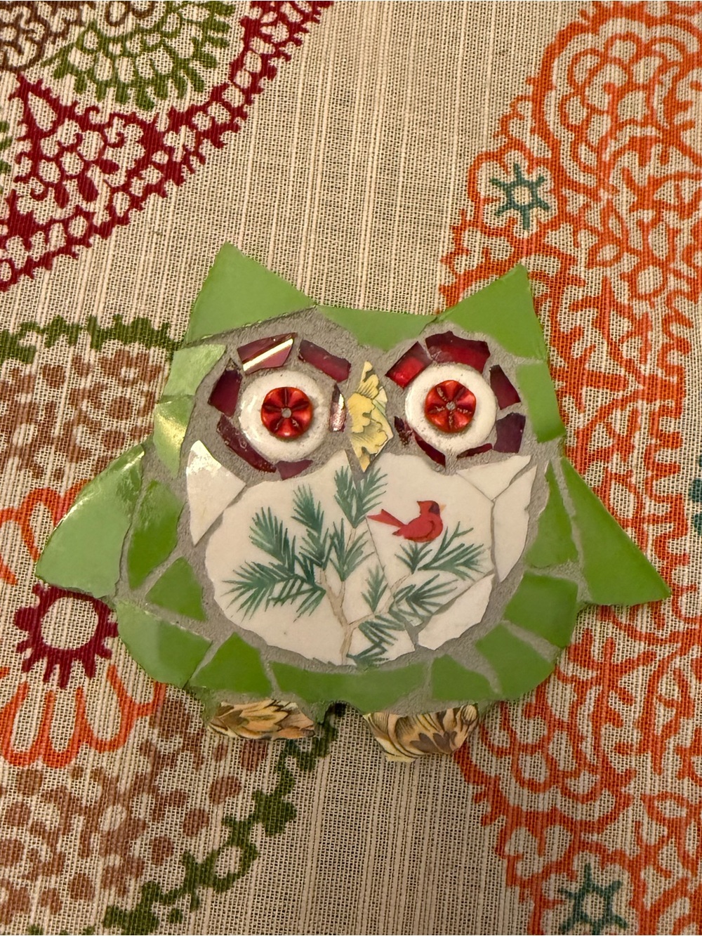NWT GORGEOUS Green Mosaic Owl with Red Bird Detail